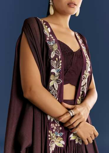 Wine Georgette Pintuck Croptop And Fancy Skirt With Embroidered Cape