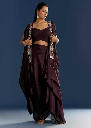 Wine Georgette Pintuck Croptop And Fancy Skirt With Embroidered Cape