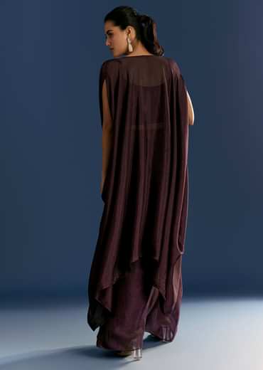 Wine Georgette Pintuck Croptop And Fancy Skirt With Embroidered Cape