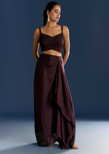 Wine Georgette Pintuck Croptop And Fancy Skirt With Embroidered Cape