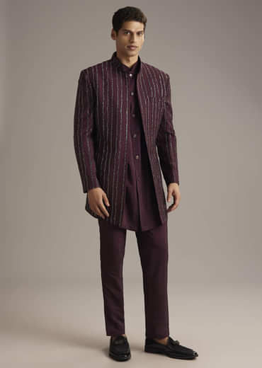 Wine Indo Western Set For Men With Cutdana Embroidery