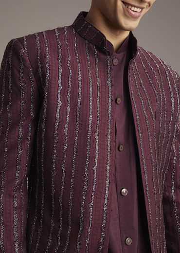 Wine Indo Western Set For Men With Cutdana Embroidery