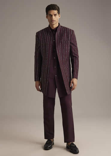 Wine Indo Western Set For Men With Cutdana Embroidery