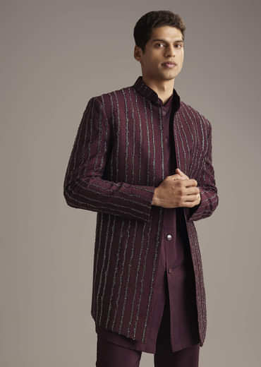 Wine Indo Western Set For Men With Cutdana Embroidery