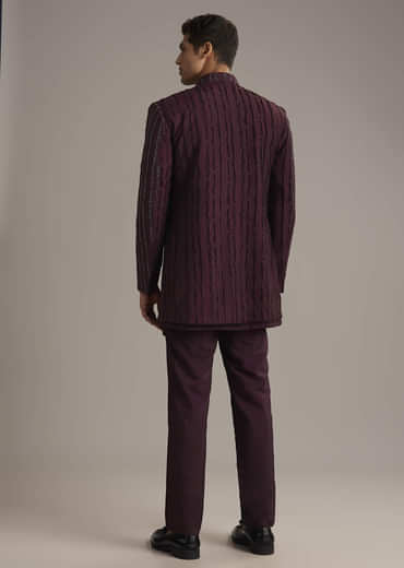 Wine Indo Western Set For Men With Cutdana Embroidery