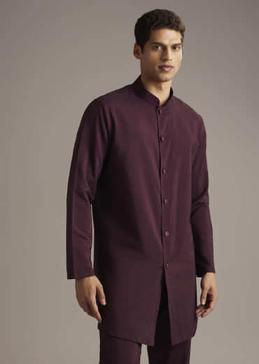 Wine Indo Western Set For Men With Cutdana Embroidery