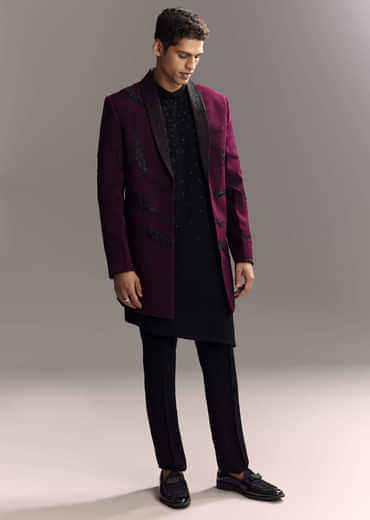 Wine Indo Western Set For Men With Heavy Hand Work