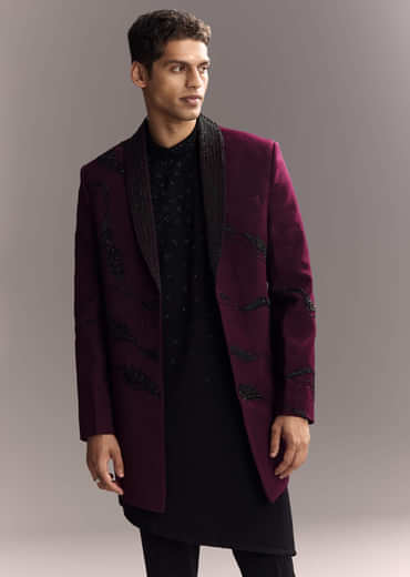 Wine Indo Western Set For Men With Heavy Hand Work