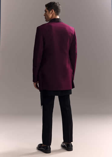 Wine Indo Western Set For Men With Heavy Hand Work