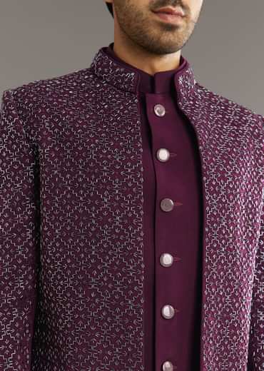 Wine Indo Western Set With Embellished Salli And Diamond Work