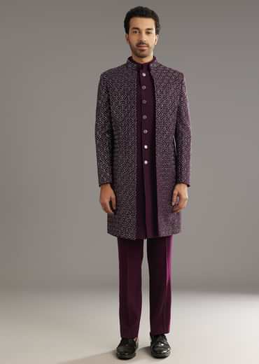 Wine Indo Western Set With Embellished Salli And Diamond Work