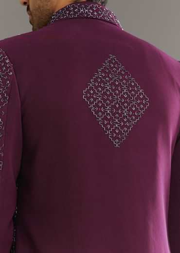 Wine Indo Western Set With Embellished Salli And Diamond Work