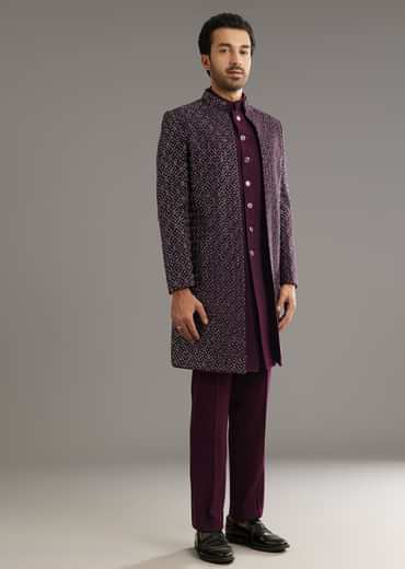 Wine Indo Western Set With Embellished Salli And Diamond Work