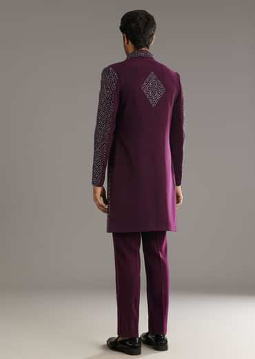 Wine Indo Western Set With Embellished Salli And Diamond Work