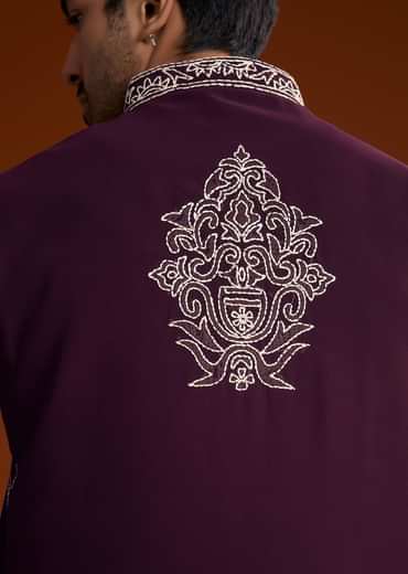 Wine Jacket Kurta Set With Thread Resham Embroidery