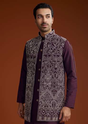 Wine Jacket Kurta Set With Thread Resham Embroidery