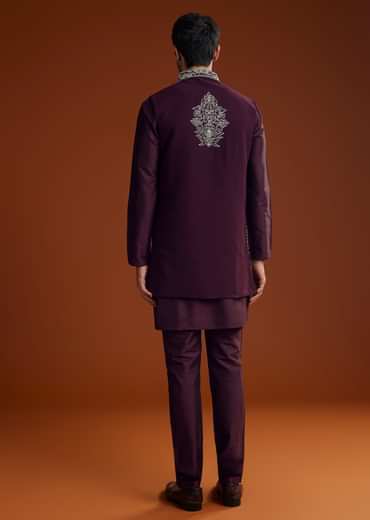 Wine Jacket Kurta Set With Thread Resham Embroidery