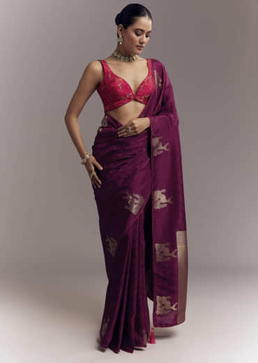 Wine Jacquard Silk Woven Saree With Brocade Work And Embroidery