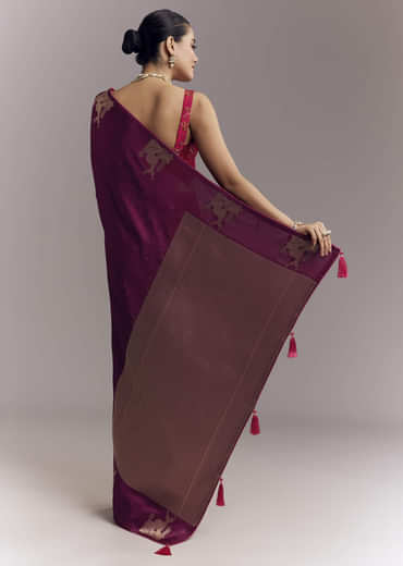 Wine Jacquard Silk Woven Saree With Brocade Work And Embroidery