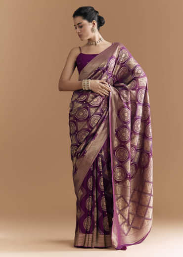 Wine Khadhi Georgette Saree With Geometric Motifs In Zari Work