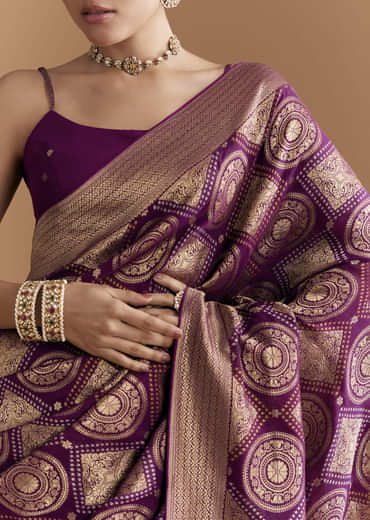 Wine Khadhi Georgette Saree With Geometric Motifs In Zari Work