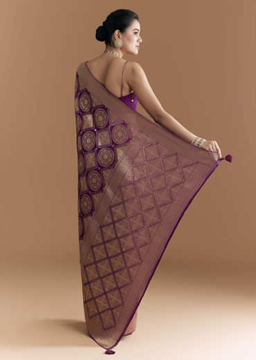 Wine Khadhi Georgette Saree With Geometric Motifs In Zari Work
