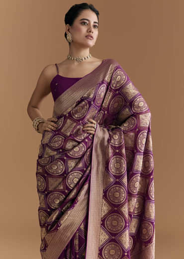Wine Khadhi Georgette Saree With Geometric Motifs In Zari Work