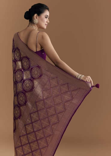 Wine Khadhi Georgette Saree With Geometric Motifs In Zari Work