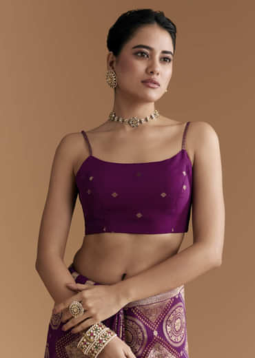 Wine Khadhi Georgette Saree With Geometric Motifs In Zari Work