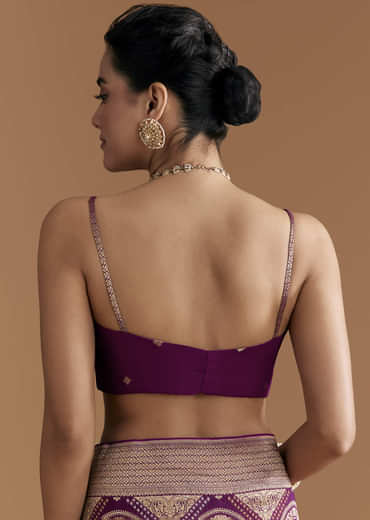 Wine Khadhi Georgette Saree With Geometric Motifs In Zari Work