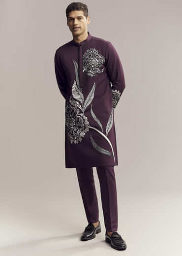 Wine Kurta Set For Men With Floral Print And Beads Work On Suiting Fabric