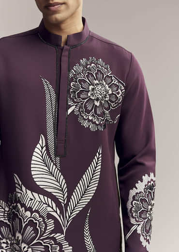 Wine Kurta Set For Men With Floral Print And Beads Work On Suiting Fabric