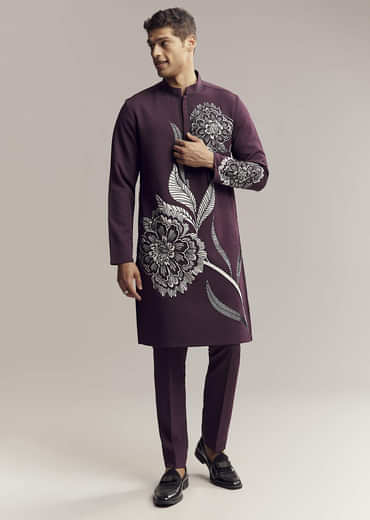 Wine Kurta Set For Men With Floral Print And Beads Work On Suiting Fabric