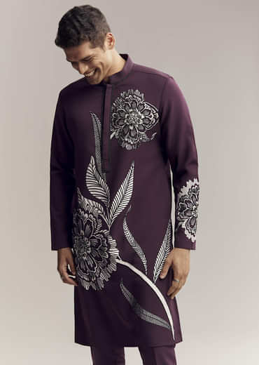 Wine Kurta Set For Men With Floral Print And Beads Work On Suiting Fabric