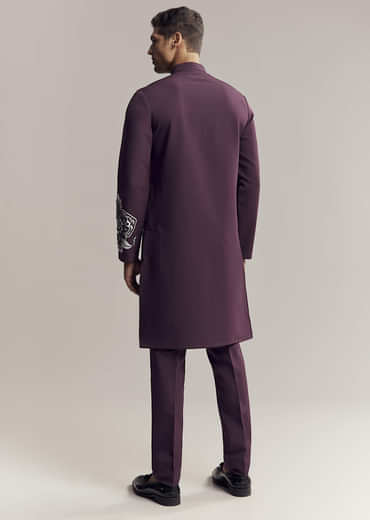 Wine Kurta Set For Men With Floral Print And Beads Work On Suiting Fabric