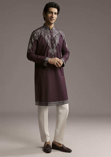 Wine Linen Kurta Set For Men With Thread Embroidery