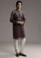 Wine Linen Kurta Set For Men With Thread Embroidery