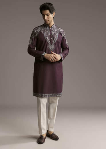 Wine Linen Kurta Set For Men With Thread Embroidery