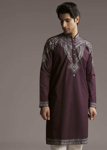 Wine Linen Kurta Set For Men With Thread Embroidery