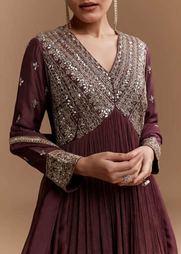Wine Mirror Embroidered Chinnon Anarkali with Dupatta