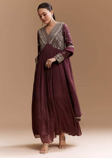 Wine Mirror Embroidered Chinnon Anarkali with Dupatta