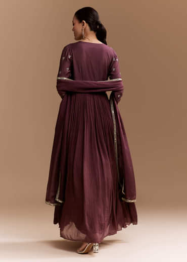Wine Mirror Embroidered Chinnon Anarkali with Dupatta