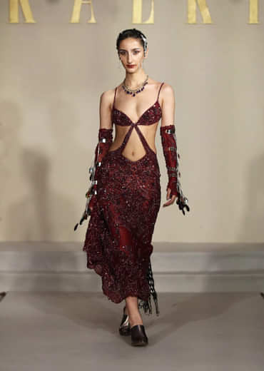 Wine Net Bridal Gown With Bead And Cutdana Embroidery