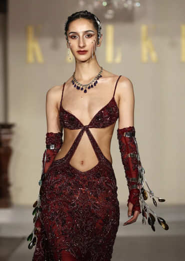 Wine Net Bridal Gown With Bead And Cutdana Embroidery