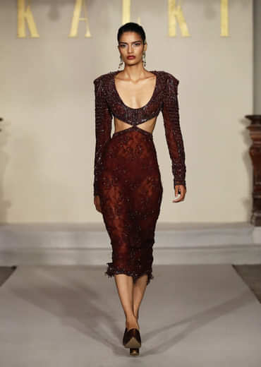 Wine Net Bridal Gown With Hand Embroidery