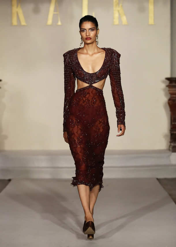 Wine Net Bridal Gown With Hand Embroidery