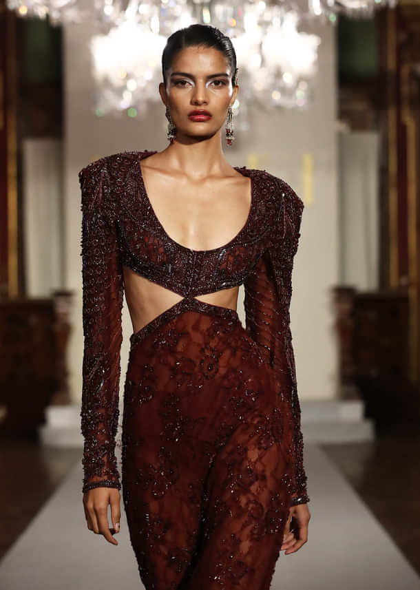 Wine Net Bridal Gown With Hand Embroidery