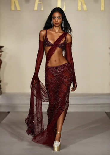 Wine Net Bridal Indo Western Fishcut Skirt Set With Hand Embroidery