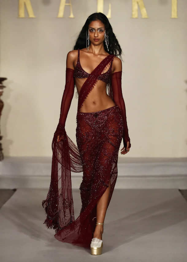 Wine Net Bridal Indo Western Fishcut Skirt Set With Hand Embroidery