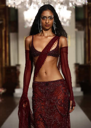 Wine Net Bridal Indo Western Fishcut Skirt Set With Hand Embroidery